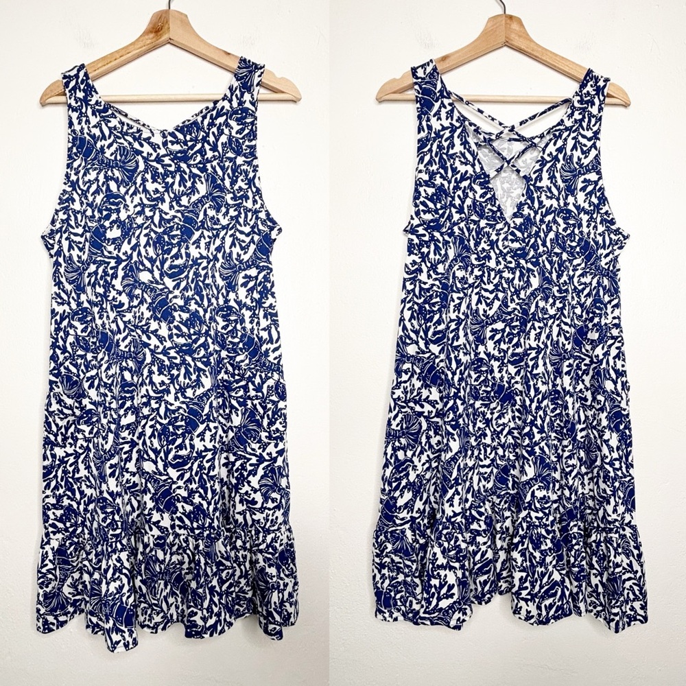 Lilly Pulitzer Kristen Flounce Dress Krillen It Blue White Pattern L NWOT - Picture 2 of 11